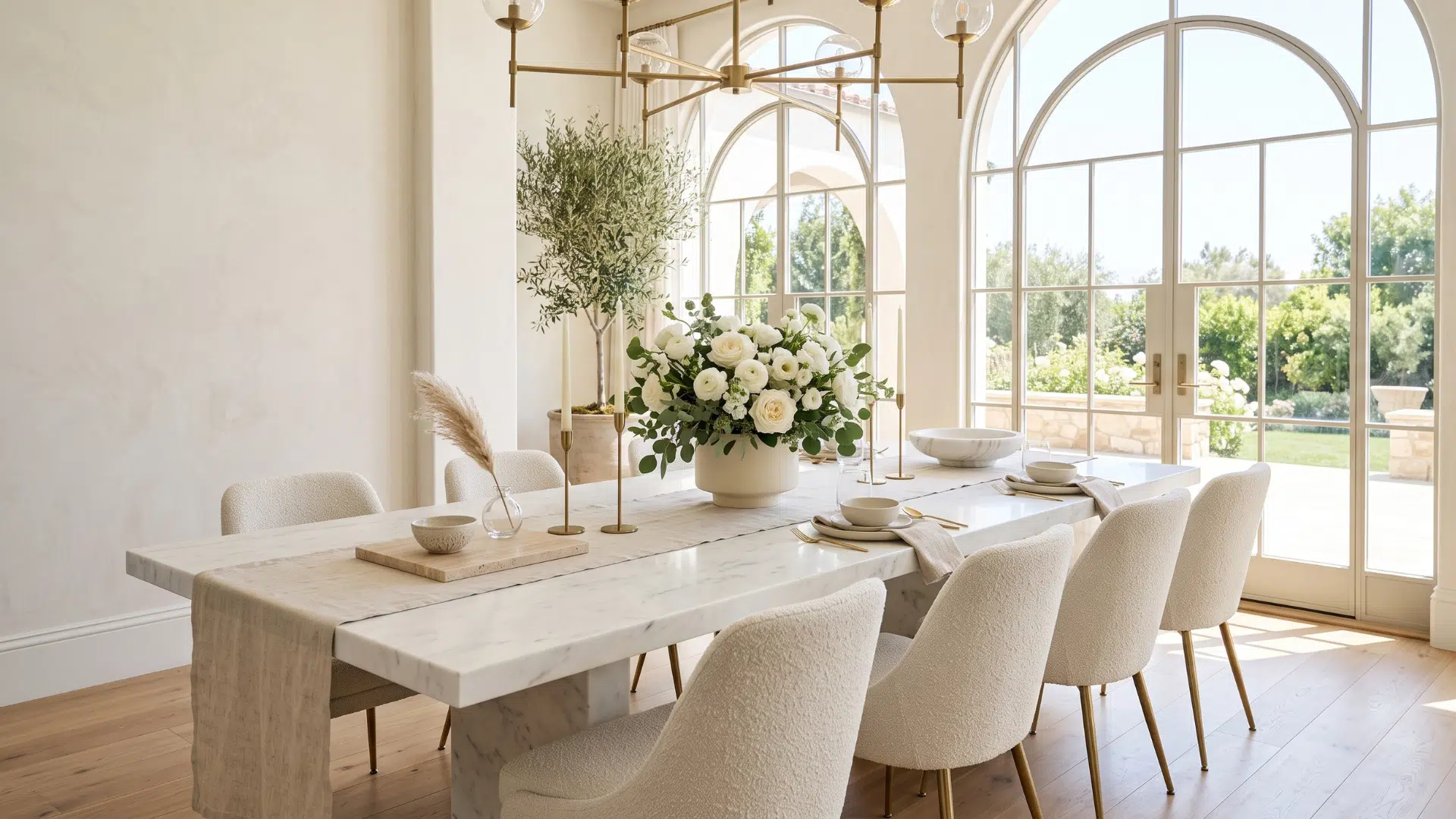 Neutral dining table centerpieces