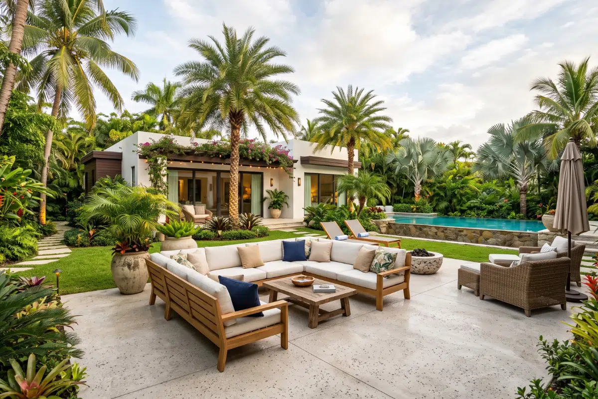 Dreamy Tropical Backyard Concrete Patio Ideas